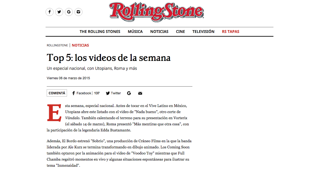 Rolling Stone /// Estreno «Sobrio» de El Bordo